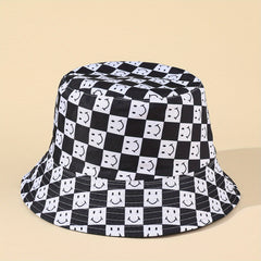 Smiling Face Print Bucket Hat Checkerboard Reversible Basin Hat