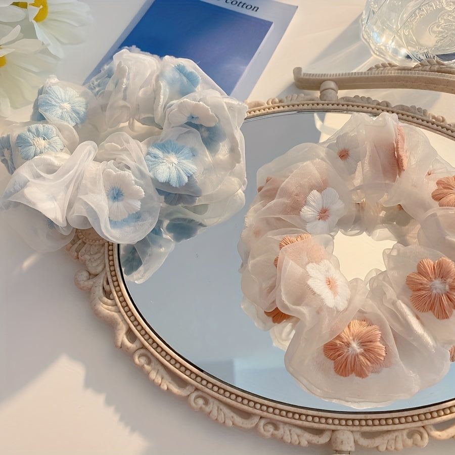 2pcs Flower Pattern Scrunchie Hair Tie Non Slip Ponytail Holder Elastic Hair Acc
