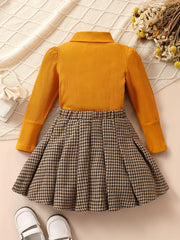 Girl's Preppy Style Turtleneck Top & Houndstooth Skirt Set