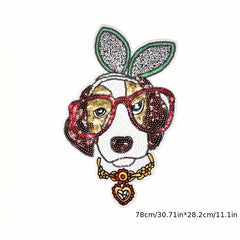 2pcs Big Dog Pop Corn Iron On Sequin Patches Sew On Embroidered Applique