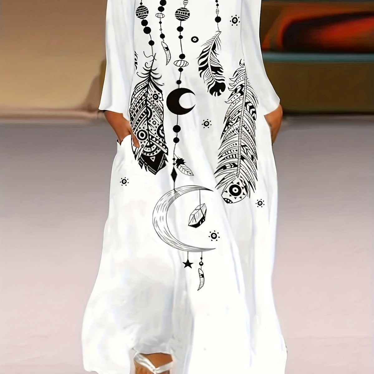Women's Plus Moon & Feather Print Maxi Dress with Pockets