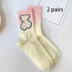 2 Pairs Bear Pattern & Ombre Mid Tube Socks Women's Stockings