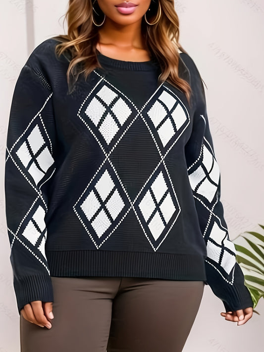  Argyle Print Long Sleeve Sweater