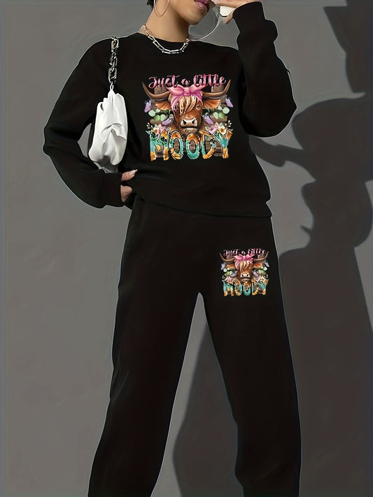 Women's Plus Art Letter & Cow Print 2 Piece Set