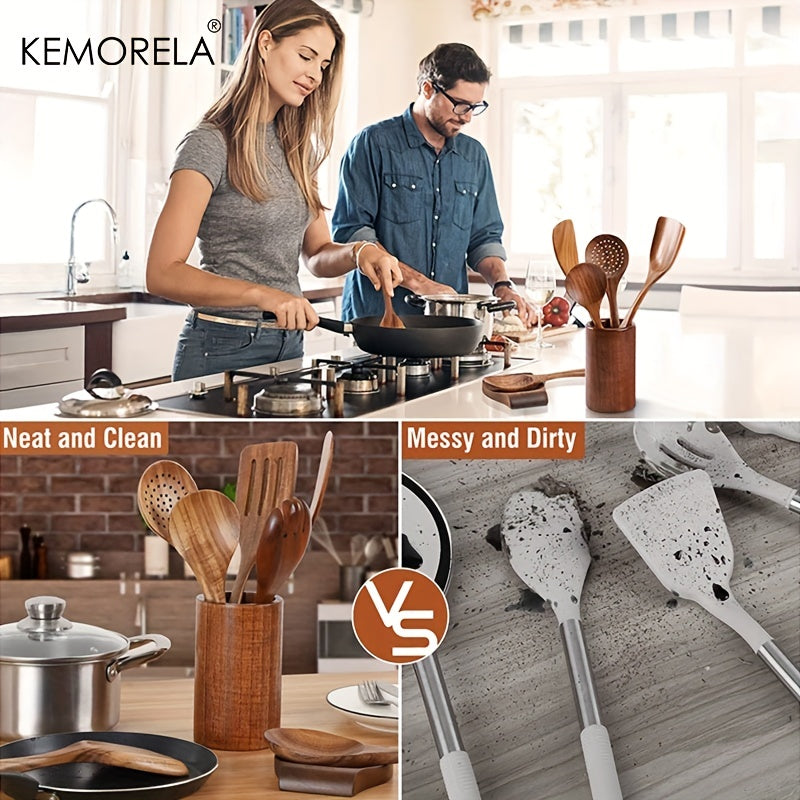 9pcs Wooden Spoons Utensils Holder Teak Kitchen Set with Spoon Rest