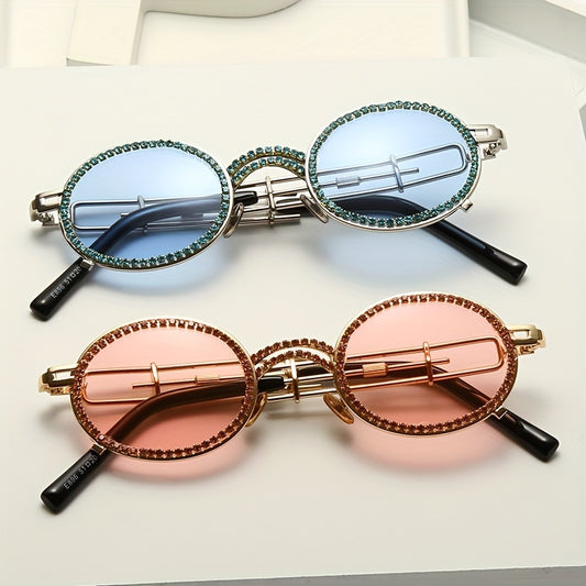 Y2K Tinted Metal Sunglasses Steampunk Rhinestone Hollow Glasses UV400