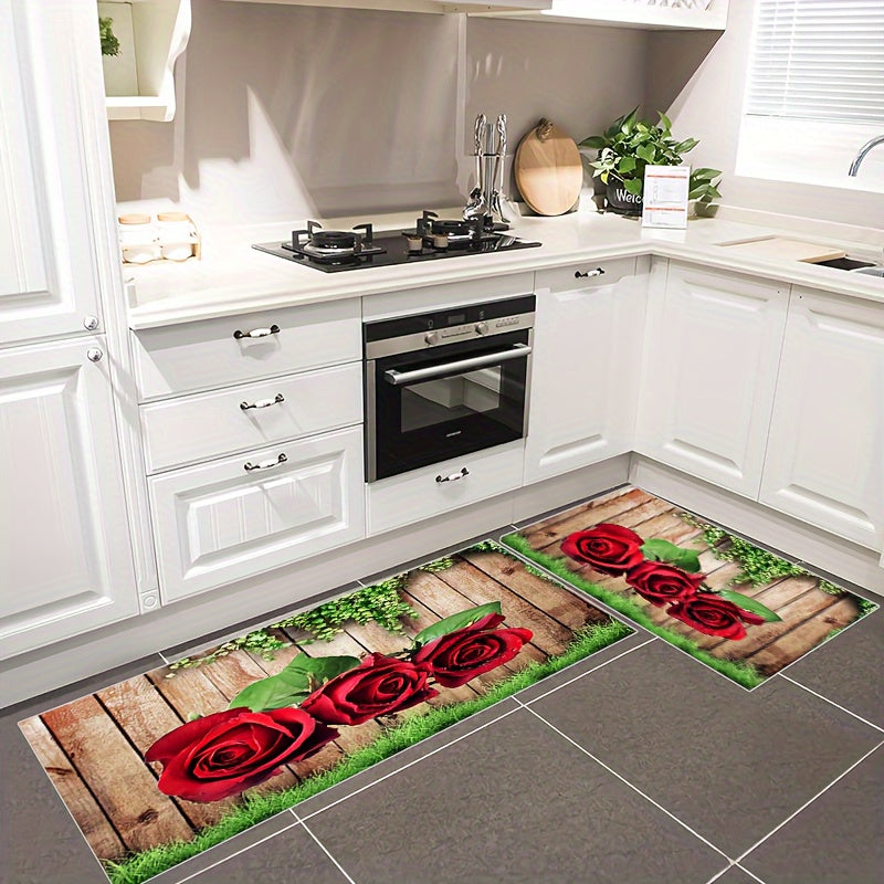 2pcs Kitchen Decor Area Rug Wooden Panel Rose Pattern Kitchen Floor Mat