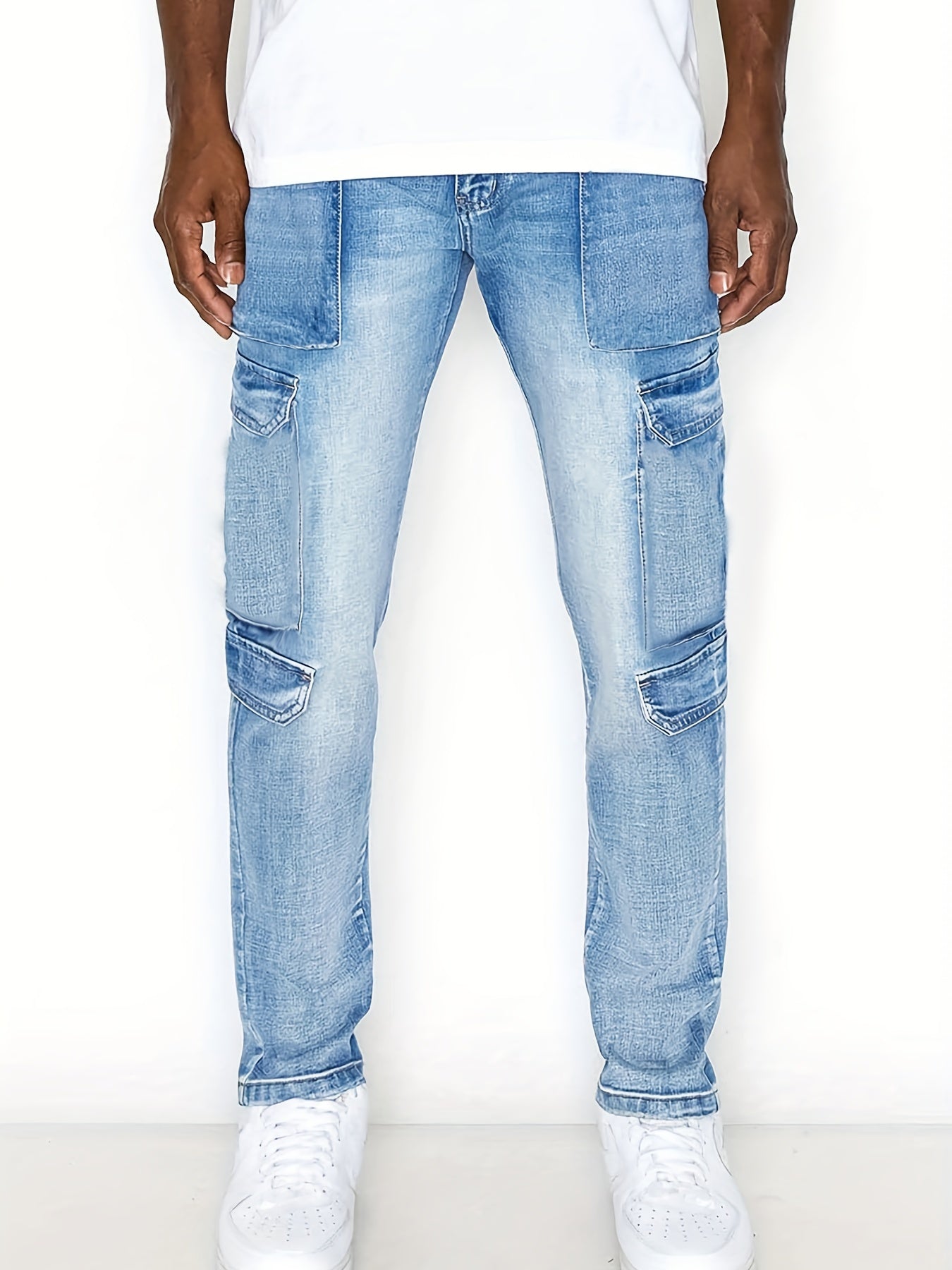 Mens Slim Fit Cargo Jeans Distressed Medium Stretch Denim Pants