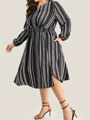 Geometric Print Long Sleeve Plus Size Boho Dress with Pockets
