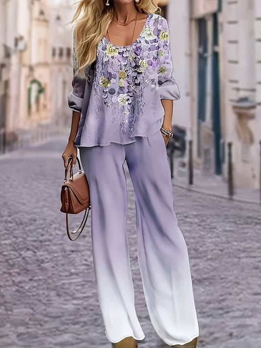 Women's Plus Floral Print Top & Ombre Pants 2-Piece Set