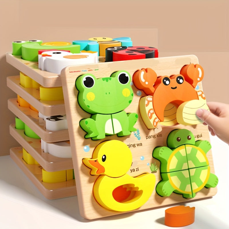 2pcs Wooden Animal Puzzles for Kids - Educational Shapes with Bright Colors