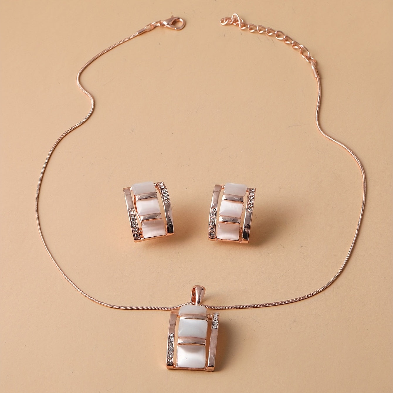 Opal Necklace & Earrings Set Rhinestone Gemstone Jewelry