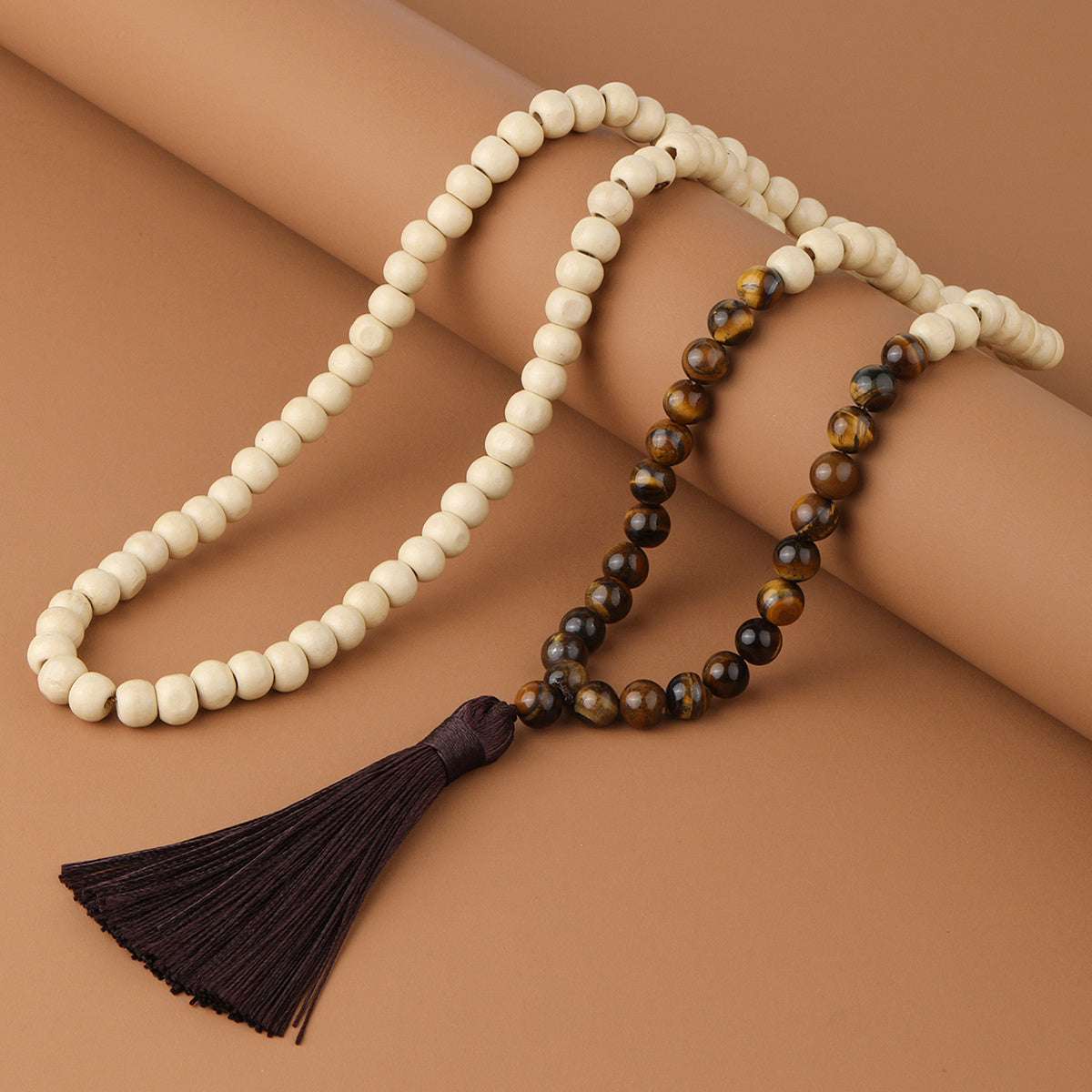 Men's Natural Stone & Wood Beads Tassel Necklace