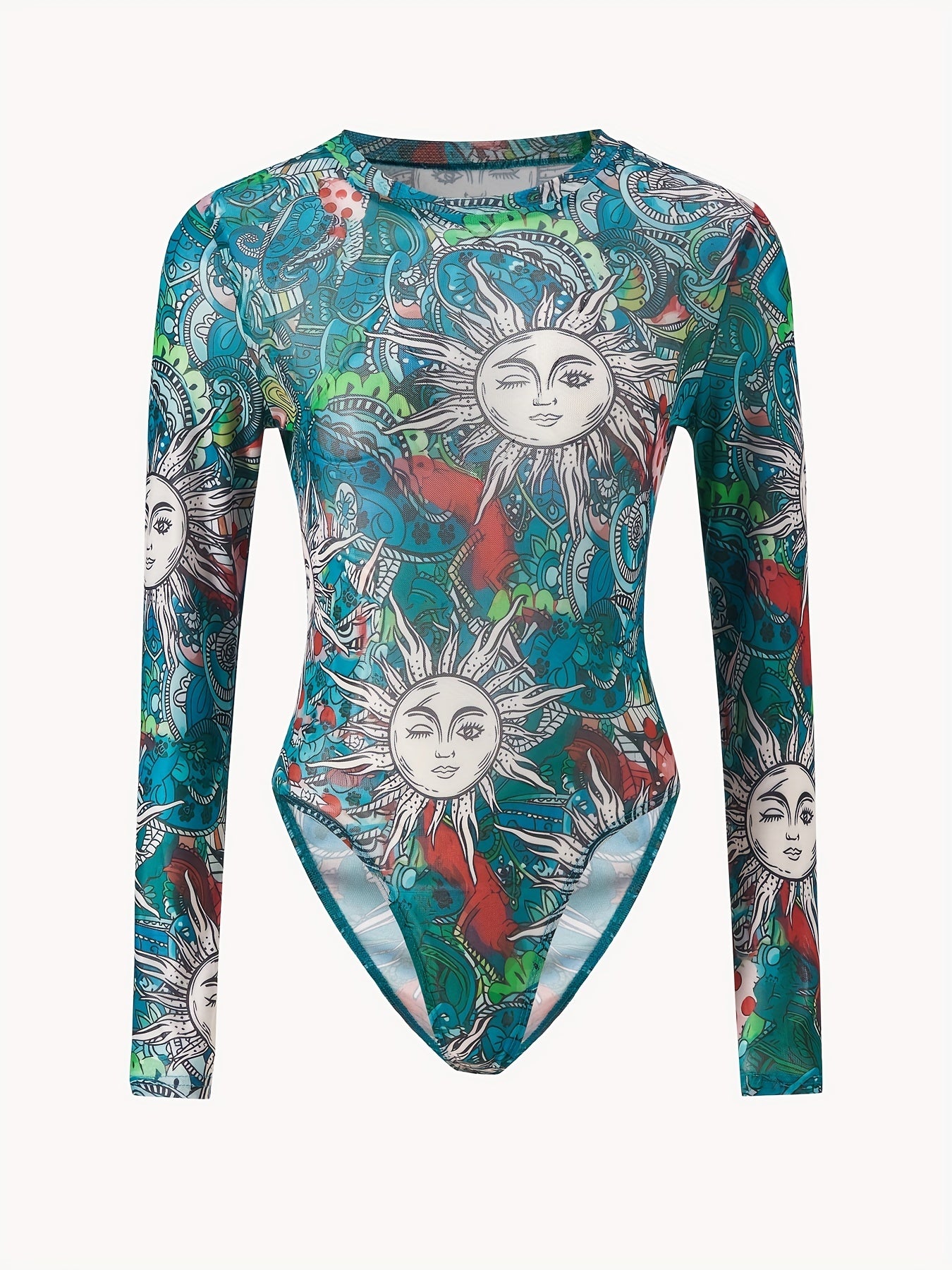 Dragon Print Sheer Bodysuit Long Sleeve Slim Fit Sexy Women's Clothing
