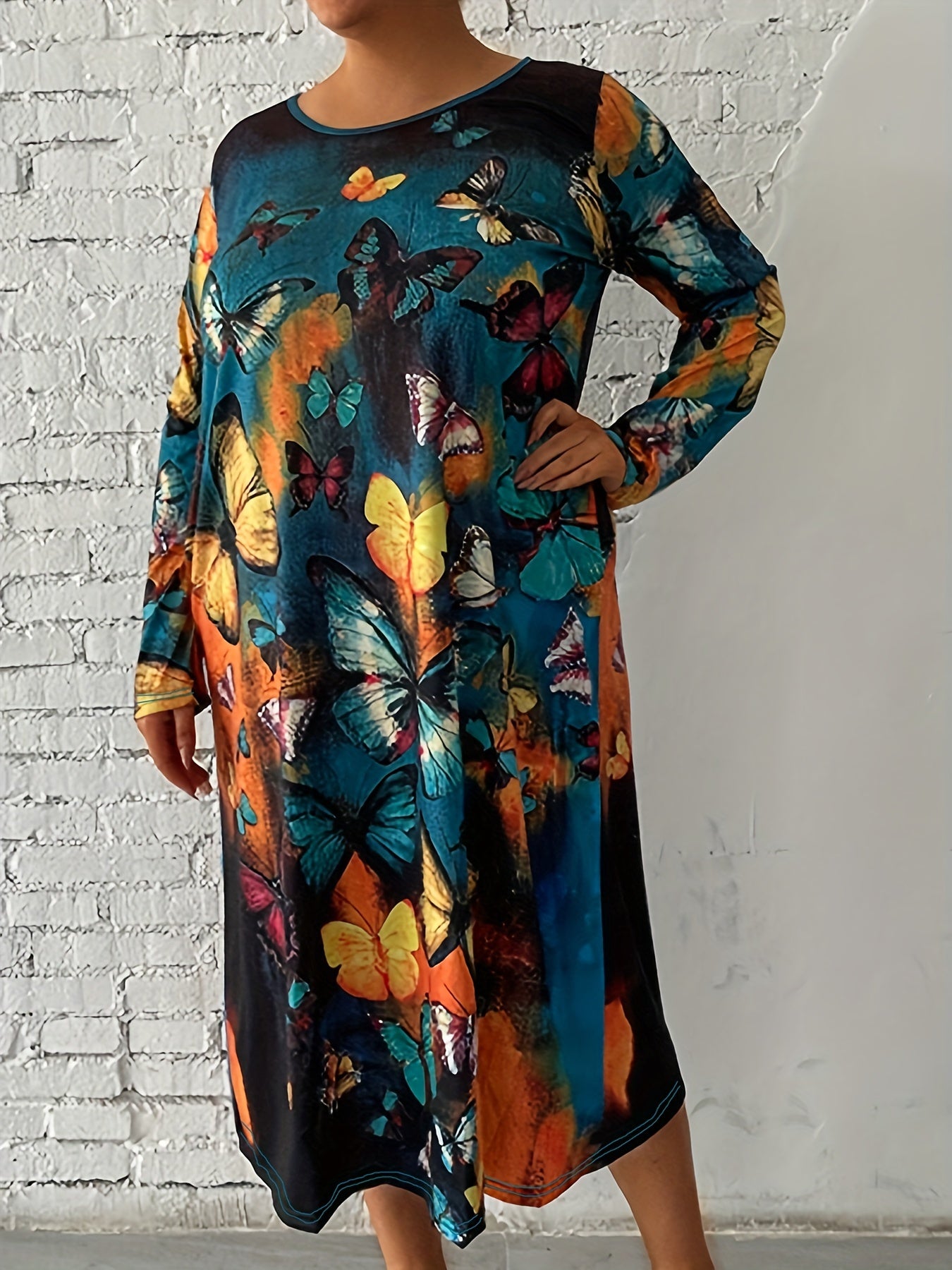  Tie Dye & Butterfly Print Long Sleeve Casual Dress