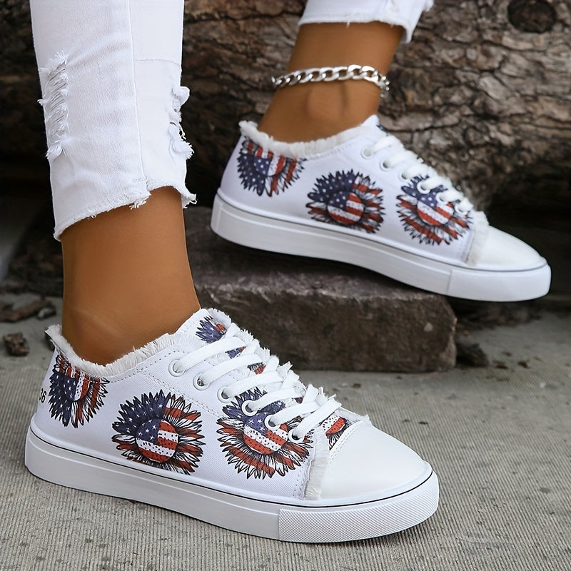 Women's Flag Flower Pattern Canvas Shoes Casual Lace Up Outdoor Shoes