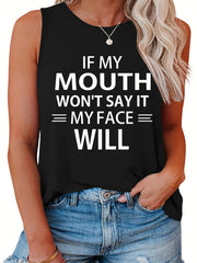  Casual Tank Top Women's Plus Slogan Print Round Neck Slight Stretch