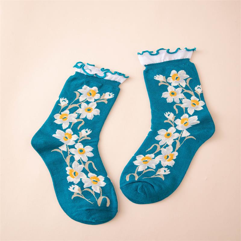 Floral Pattern Cotton Mid Tube Socks with Ruffle Trim