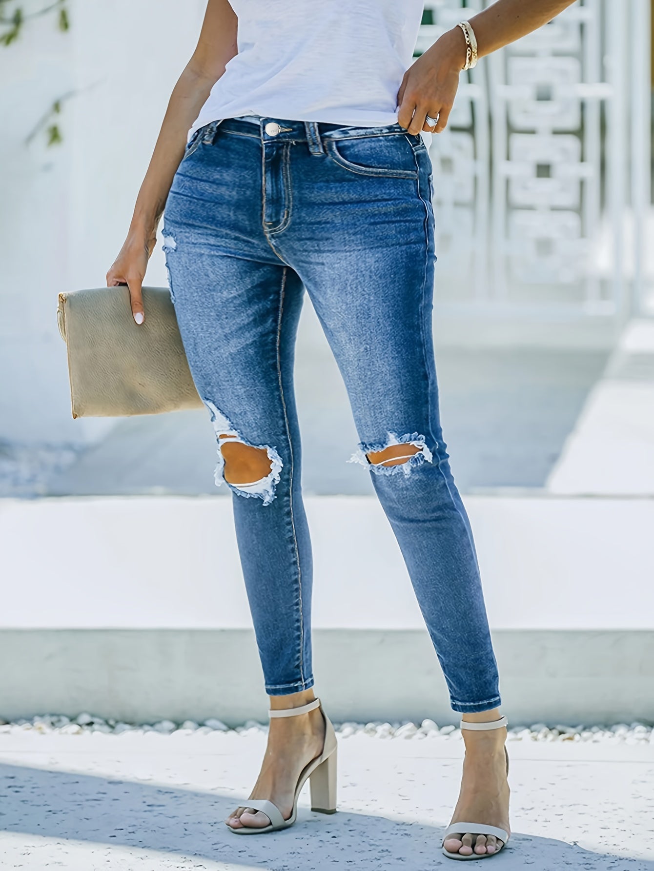  Solid Ripped High Rise Jeans