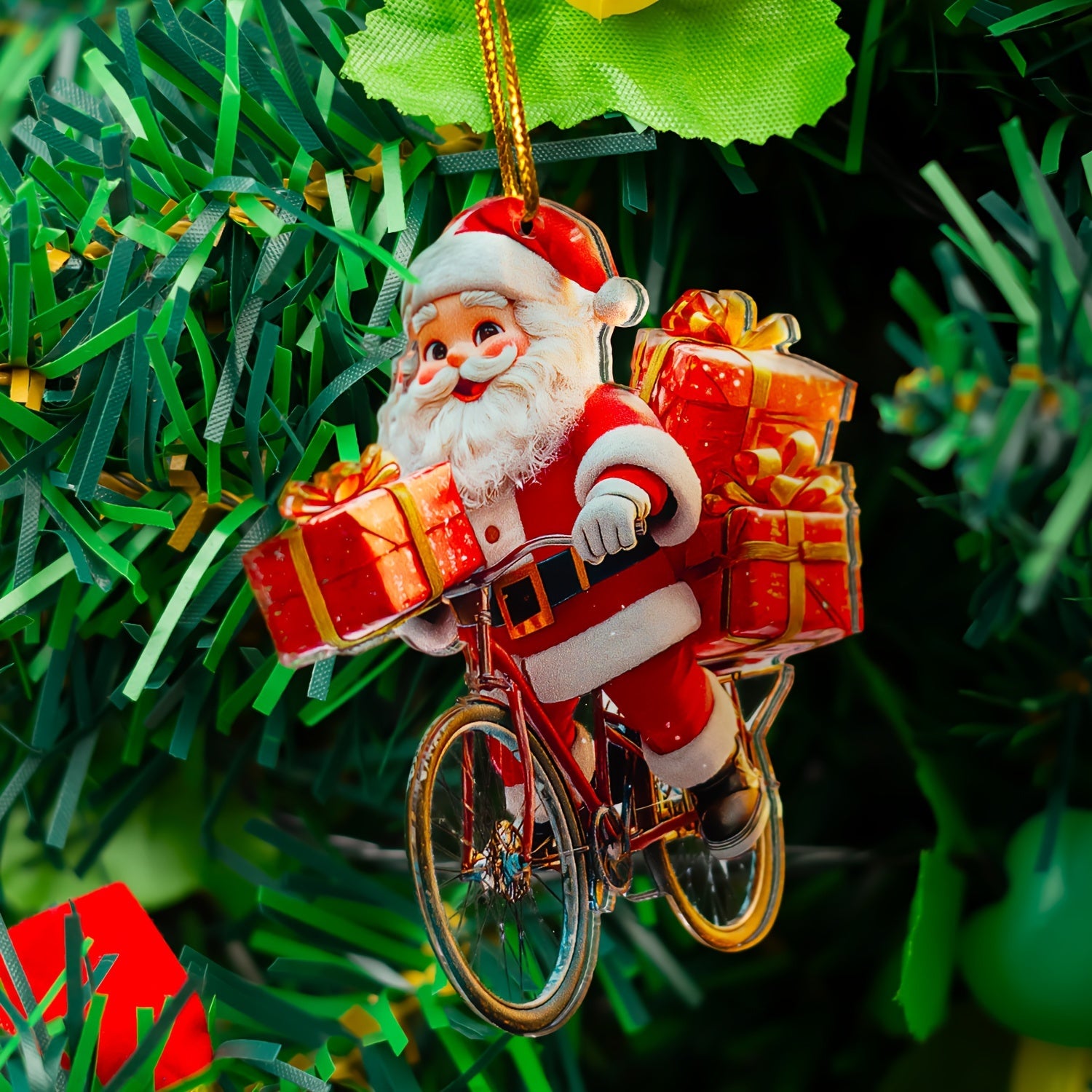 Santa Claus Bicycle Acrylic Ornament Keychain Festive Holiday Pendant