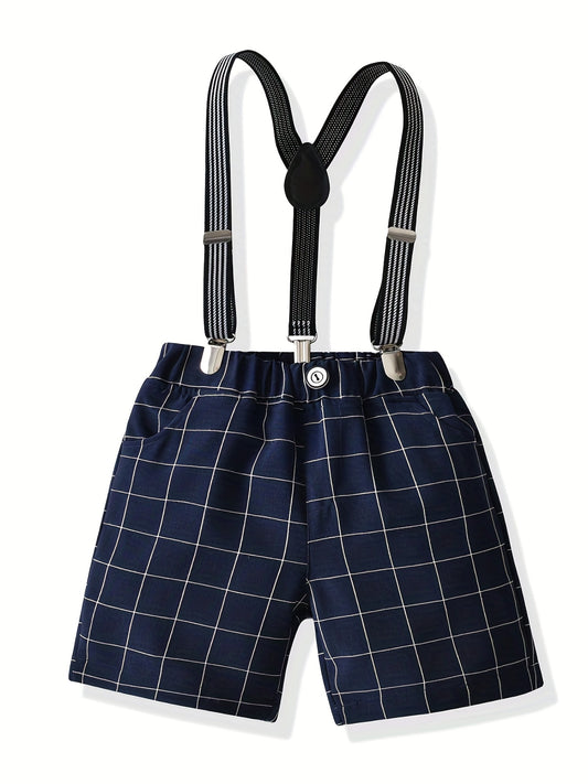 Boys Plaid Suspender Shorts Preppy Style
