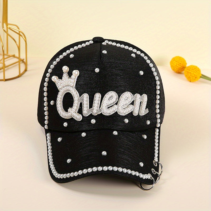 Queen Patch Baseball Cap Faux Pearl Decor Sun Hat Lightweight