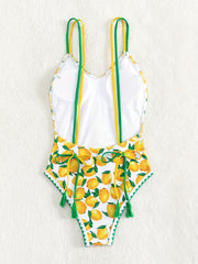Lemon Print Tassel Decor Scoop Neck One Piece Swimsuit
