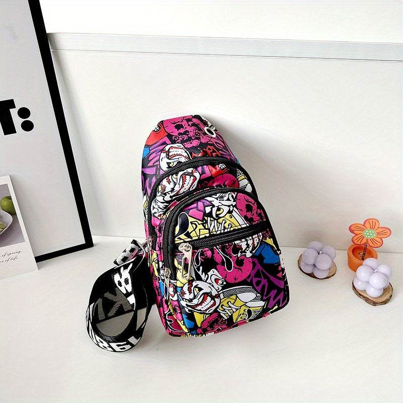 Colorful Graffiti Print Sling Mini Bag Ghost Skull Pattern for Halloween