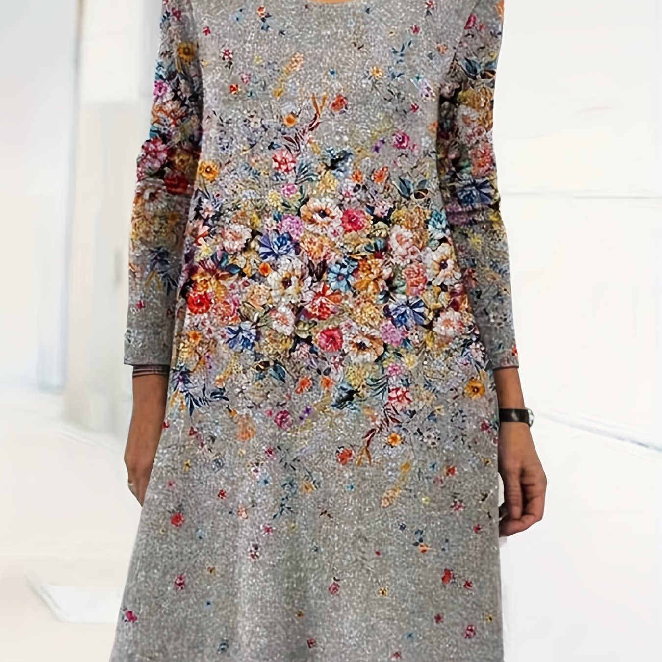  Casual Floral Print Long Sleeve Stretch Dress