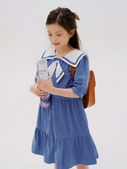 Girl's Navy Princess Dress Cotton Short Sleeve for Summer