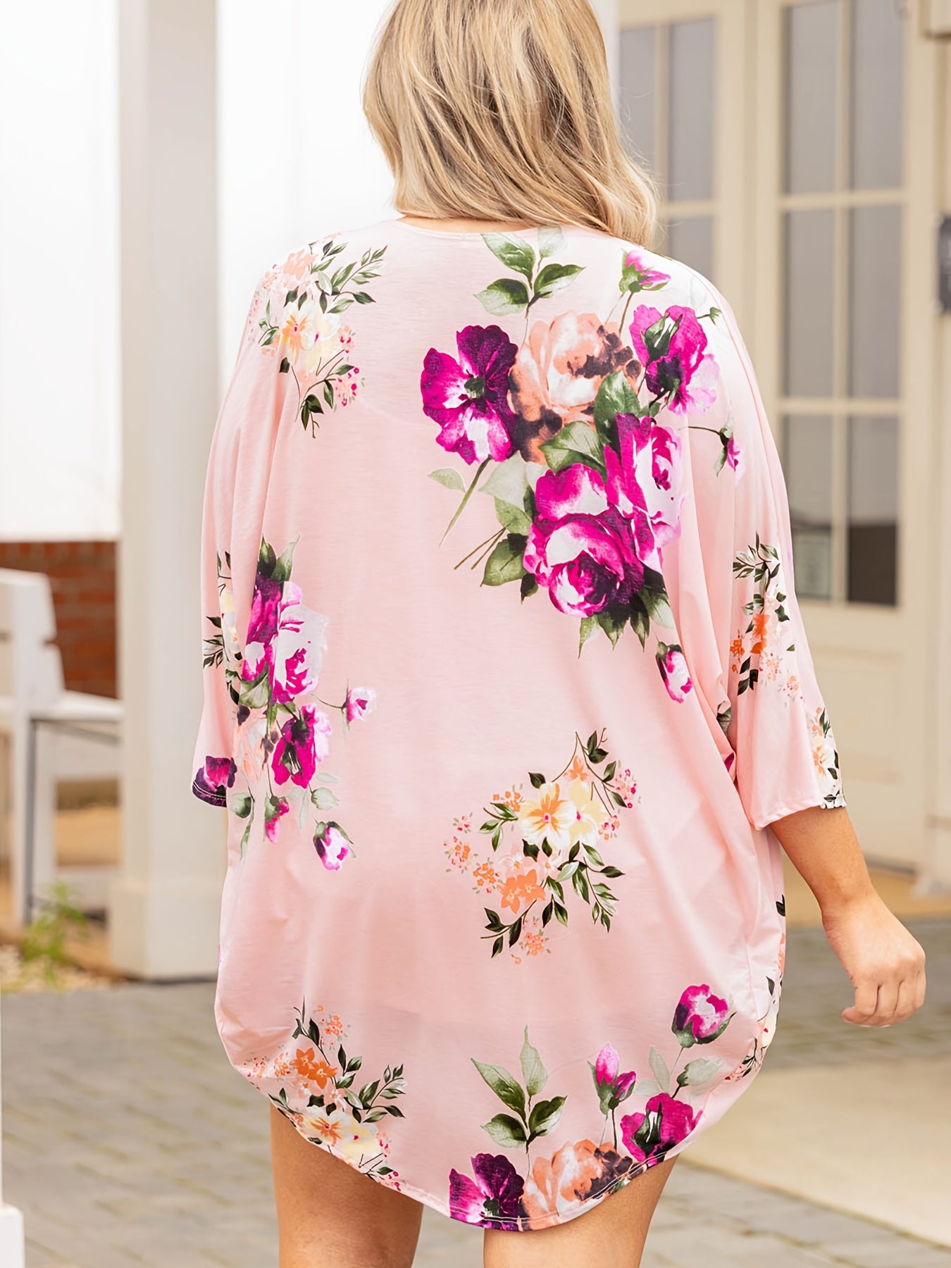  Floral Print Half Sleeve Open Front Cardigan