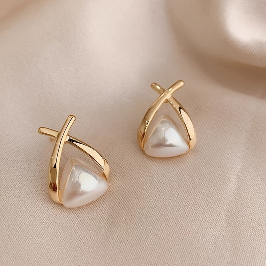 Geometric Triangle Faux Pearl Stud Earrings Female Temperament Ear Jewelry