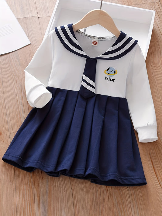 Girl's Embroidered Varsity Dress Navy Collar Long Sleeve Princess Dress