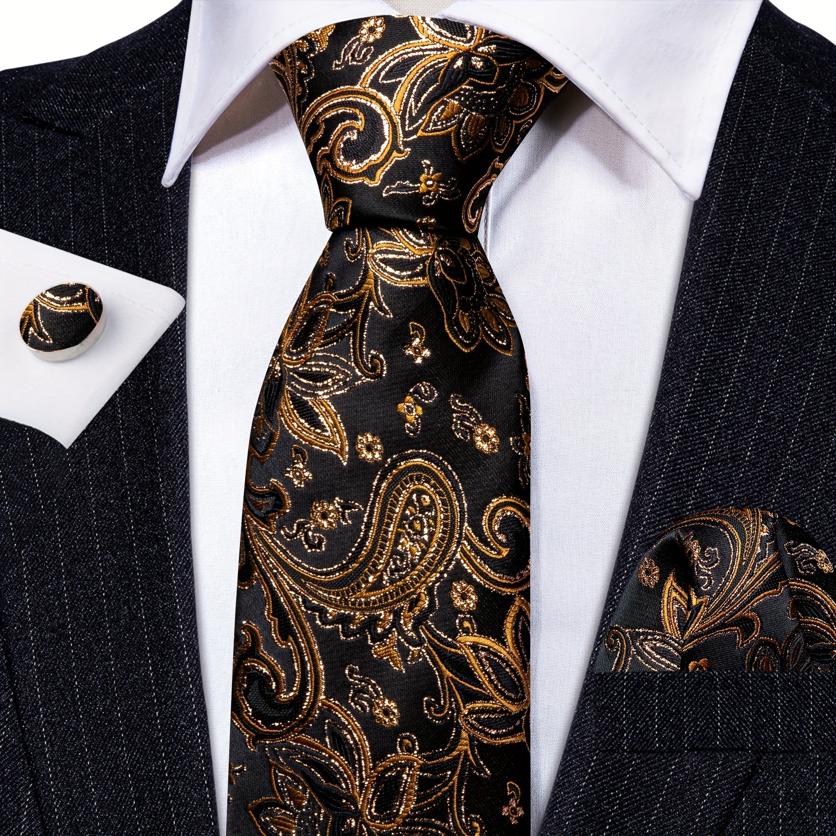 Barry Wang Men's Paisley Jacquard Tie Pocket Square Cufflinks Set