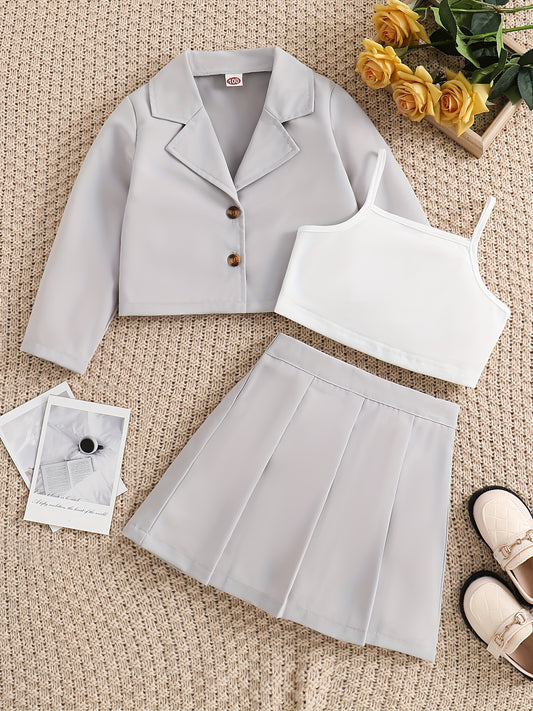 Girl's 3pcs Blazer & Cami Top & Pleated Skirt Set Classic Outfits Kids Clothes