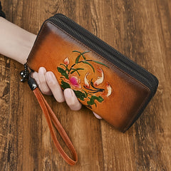 Vintage Floral Print Cowhide Wallet with Wrist Strap