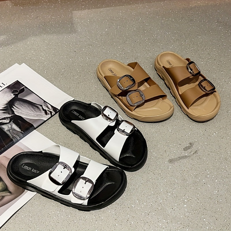 Women's Double Buckle Strap Slide Sandals Casual Flat Beach Slides