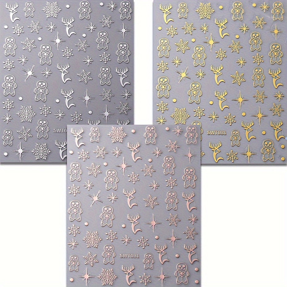 3pcs Christmas Nail Art Stickers Snowflakes Reindeer