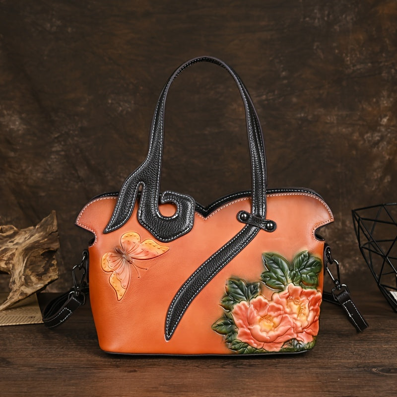 Women's Floral Embossed Leather Crossbody Bag Ethnic Style Coffee & Yellow