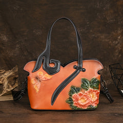 Women's Floral Embossed Leather Crossbody Bag Ethnic Style Coffee & Yellow