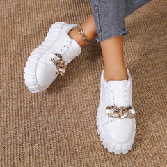 Women's Metallic Chain Decor Platform Sneakers Casual Lace Up Outdoor Shoes