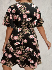  Floral Print Flutter Sleeve Surplice Neck Dress