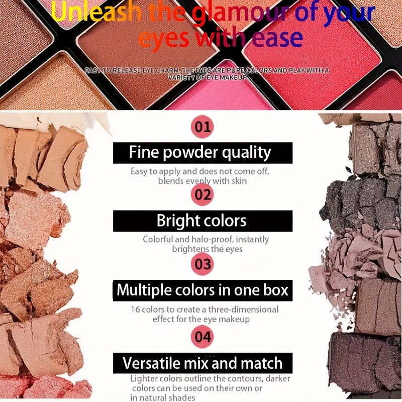 16-Color Matte & Shimmer Eyeshadow Palette - Waterproof Makeup
