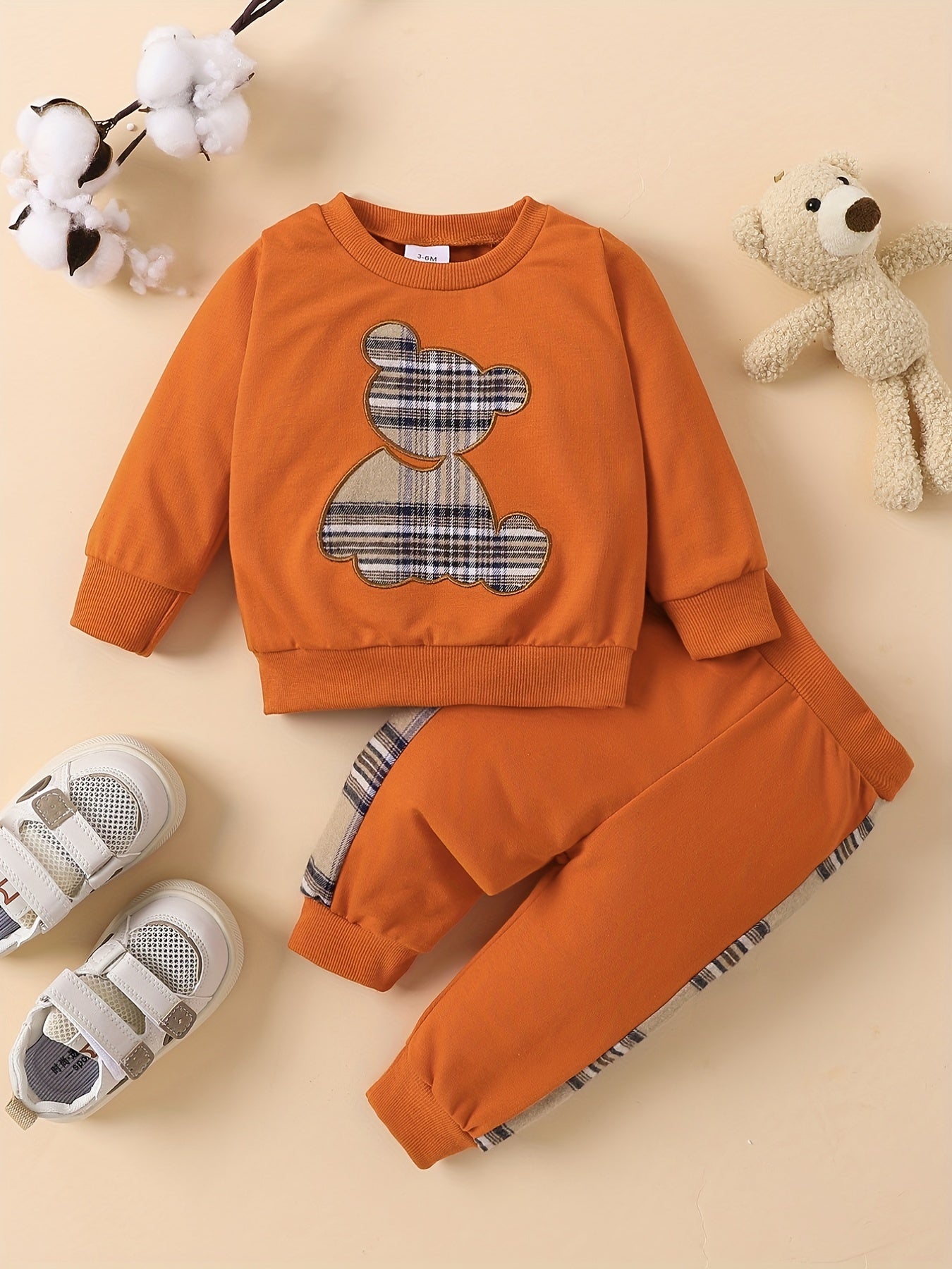Baby Plaid Bear Embroidery Set Sweatshirt Tops Pants