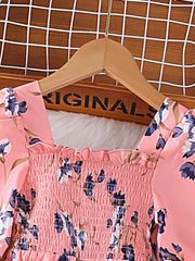 Boho Floral Long Sleeve Dress For Girls With Shirred Waist