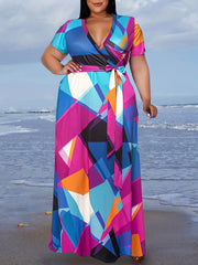  Colorblock Geo Print Maxi Dress With Belt