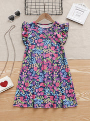 Girls Casual Flower Graphic Ruffle Trim Dress Summer Party Gift