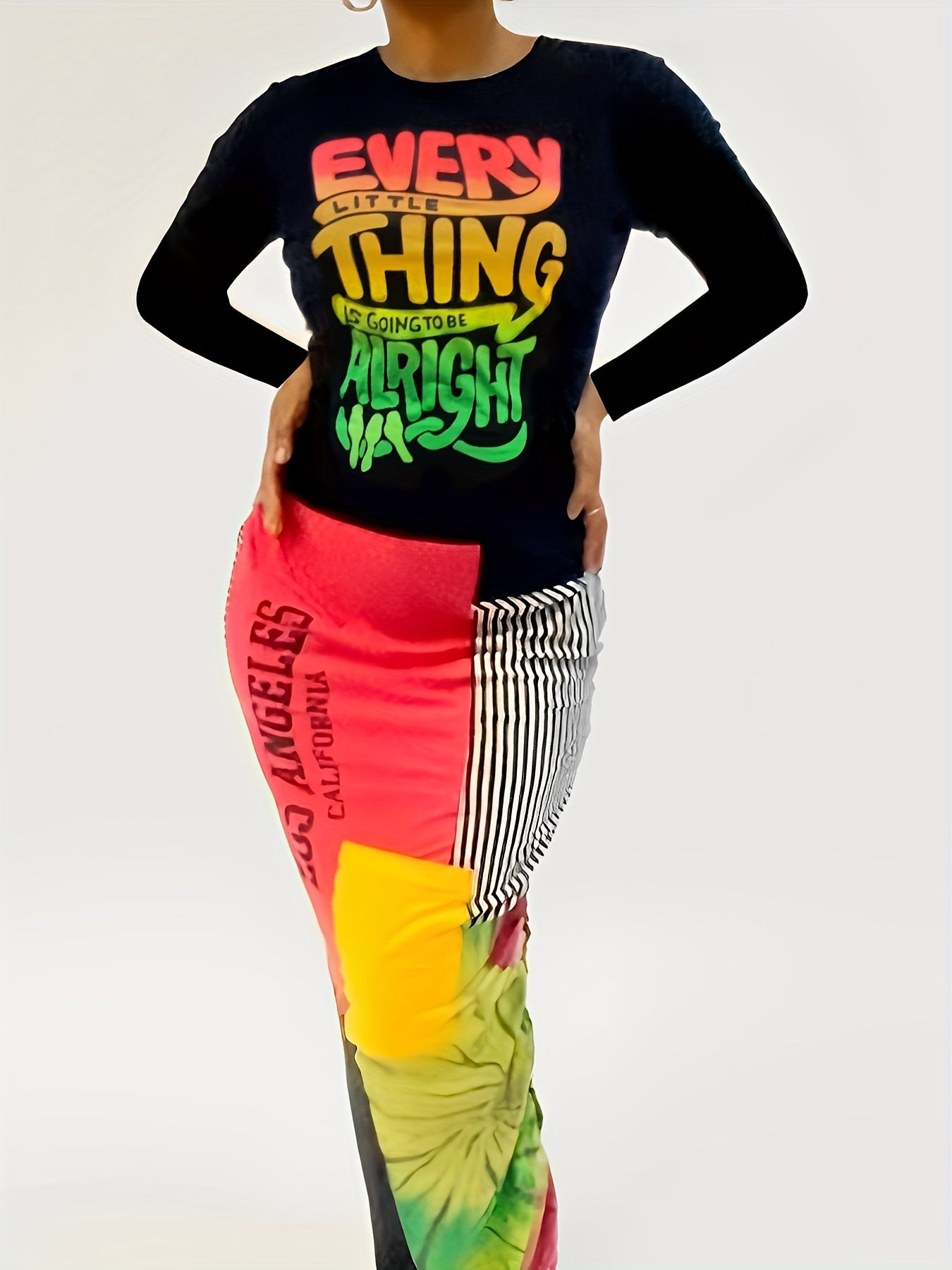  Colorblock Stripe & Letter Print Bodycon Midi Dress