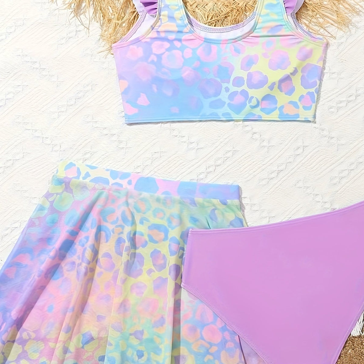 3pc Leopard Print Swimwear Set for Girls Summer Beach Wear