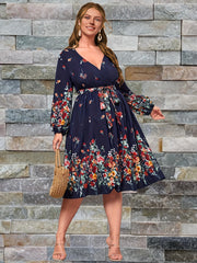  Floral Print Lantern Sleeve Belted Dress